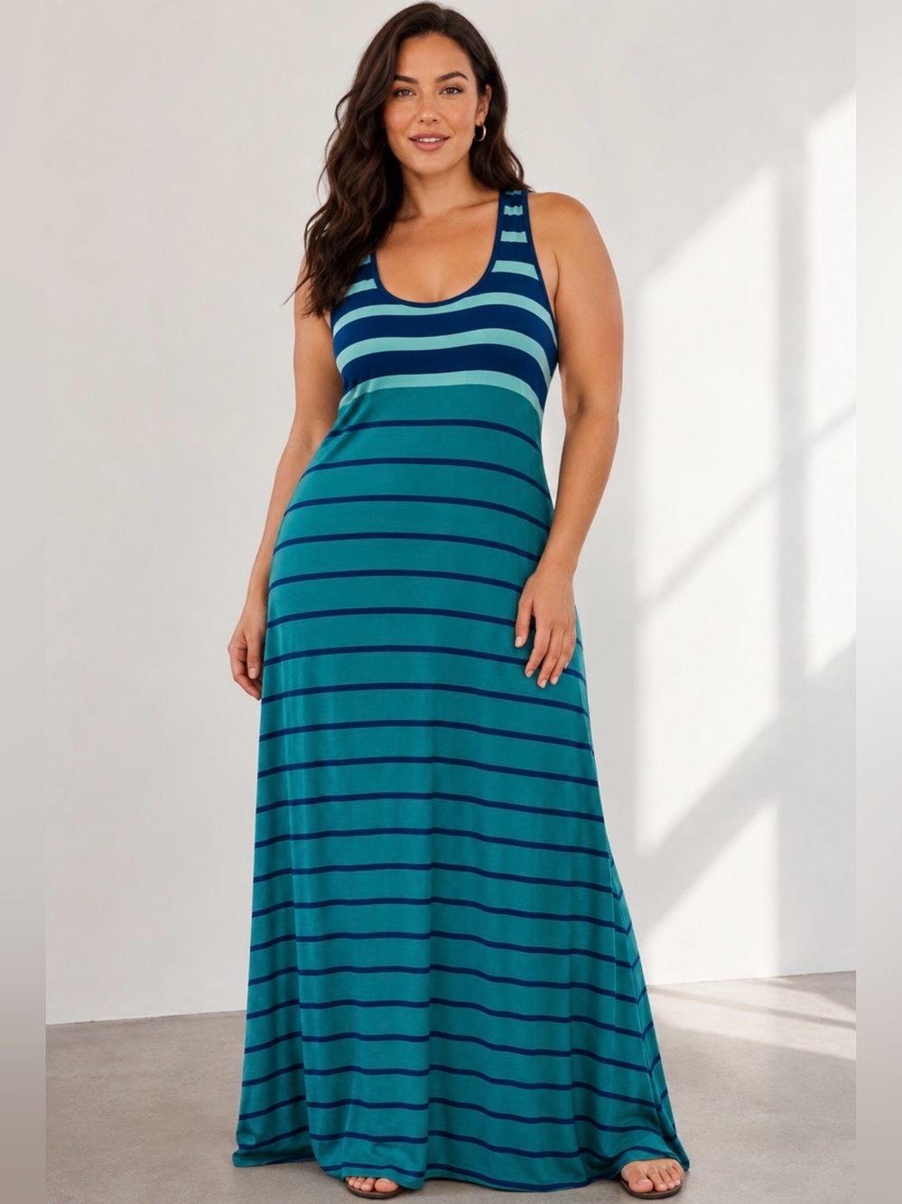 CALVIN KLEIN Cayman Green with Navy Stripes Sleeveless Tank Maxi Dress SZ 8 EUC